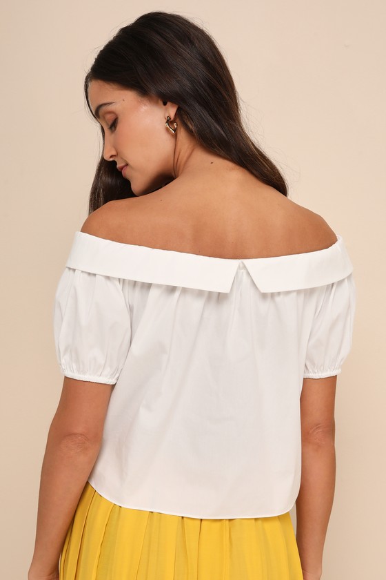 Lulus Pleasantly Perfect Ivory Off-the-shoulder Collared Tie-front Top In Ivory