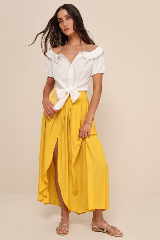 Lulus Pleasantly Perfect Ivory Off-the-shoulder Collared Tie-front Top In Ivory
