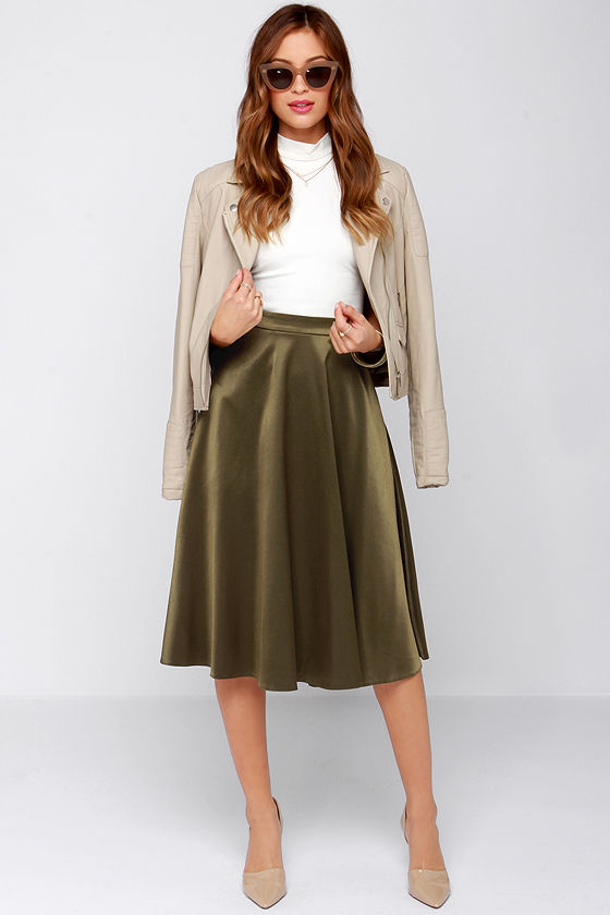 Chic Olive Green Skirt Midi Skirt A Line Skirt 49.00 Lulus