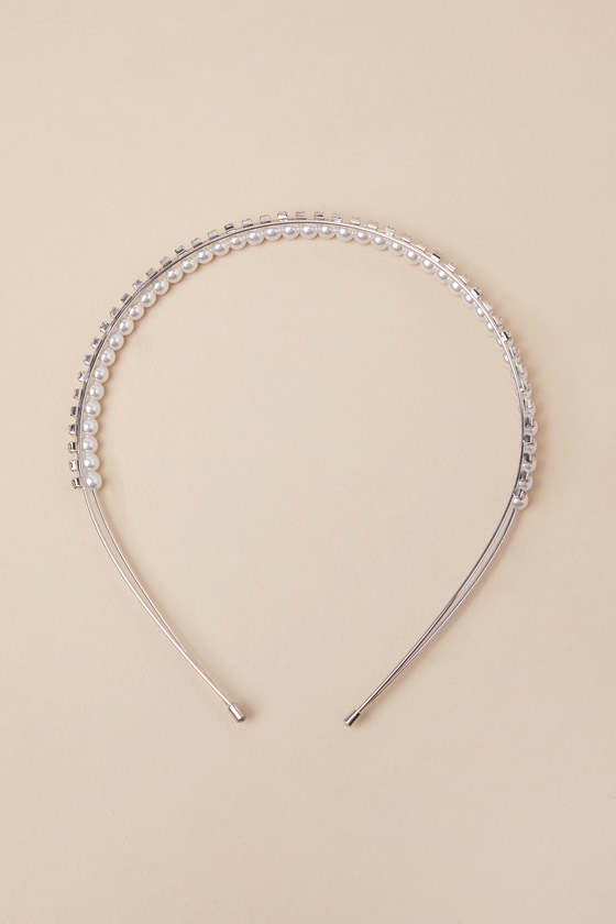 Glittering Love Silver Rhinestone Pearl Two-Stranded Headband 1