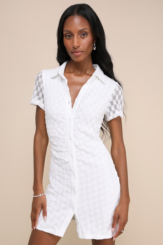 Lulus Truly Pristine White Mesh Floral Ruched Button-up Mini Dress In White