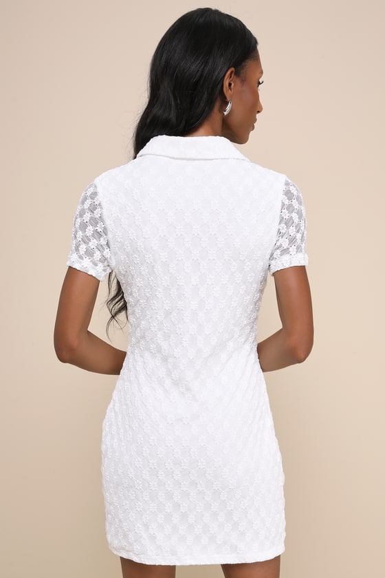 Lulus Truly Pristine White Mesh Floral Ruched Button-up Mini Dress In White