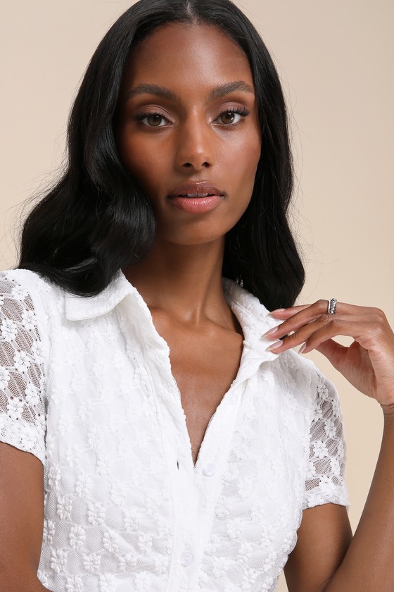 Lulus Truly Pristine White Mesh Floral Ruched Button-up Mini Dress In White