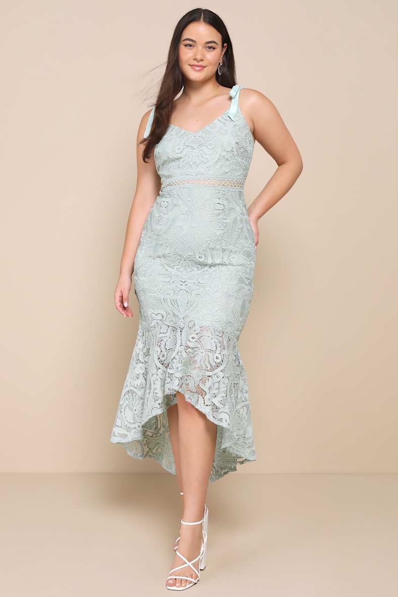 Won Your Heart Sage Green Lace Tie-Strap High-Low Midi Dress