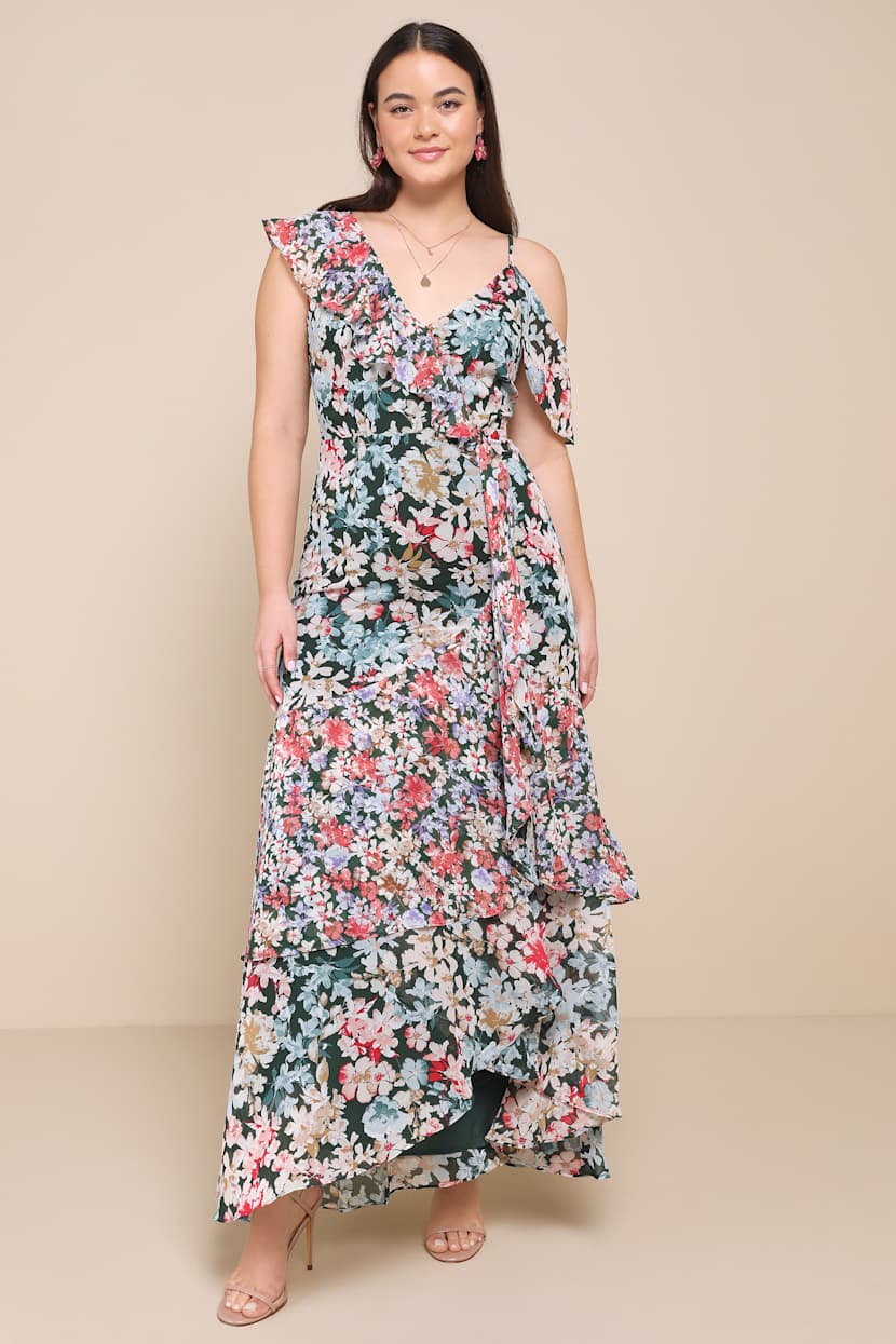 chinese dress ladies Floral Printed Chiffon Long Sleeve Gown 2 / Sky Blue/Multi main image 1
