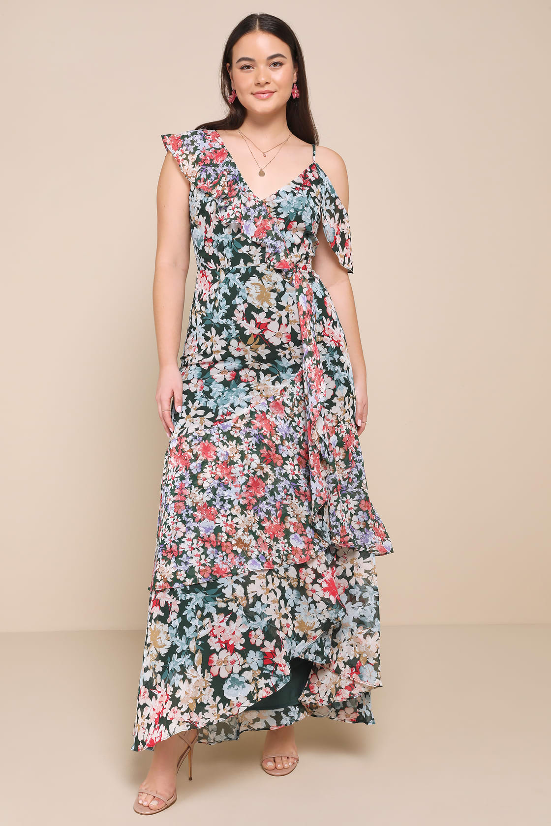 Radiant Hunter Green Floral Print Chiffon Maxi Dress