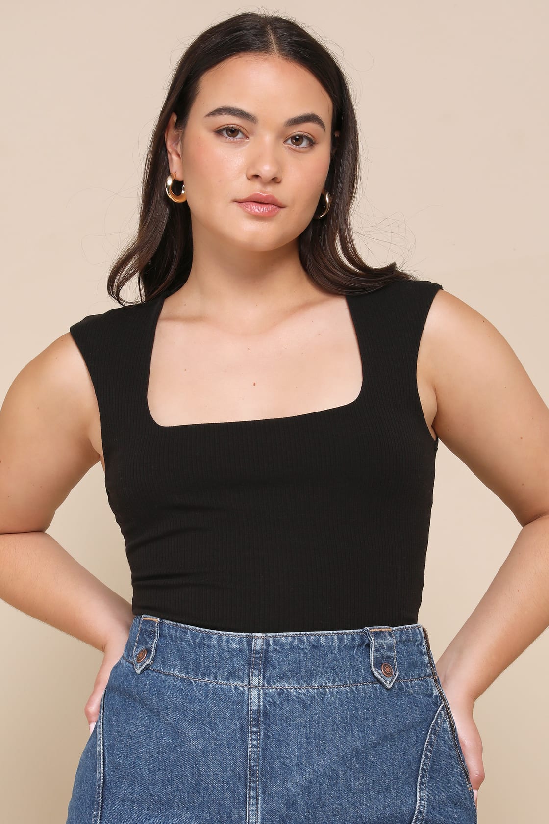 Sweet Crush Black Ribbed Square Neck Bodysuit
