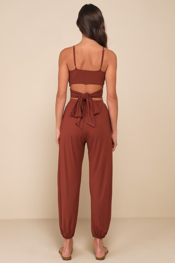 Lulus Doin' It Right Brown Wrap Two-piece Jumpsuit In Brown