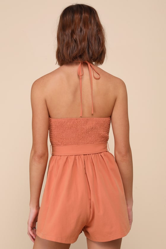 Lulus Summer Fantasy Terracotta Cutout Belted Halter Romper In Orange