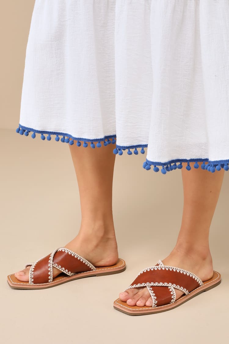 Gaelle Tan Square-Toe Slide Sandals