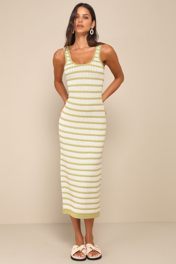 Lulus Curated Choice Green And Ivory Striped Cutout Knit Midi Dress In Green And Ivory