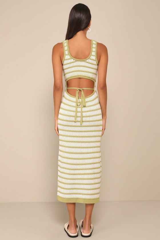 Lulus Curated Choice Green And Ivory Striped Cutout Knit Midi Dress In Green And Ivory