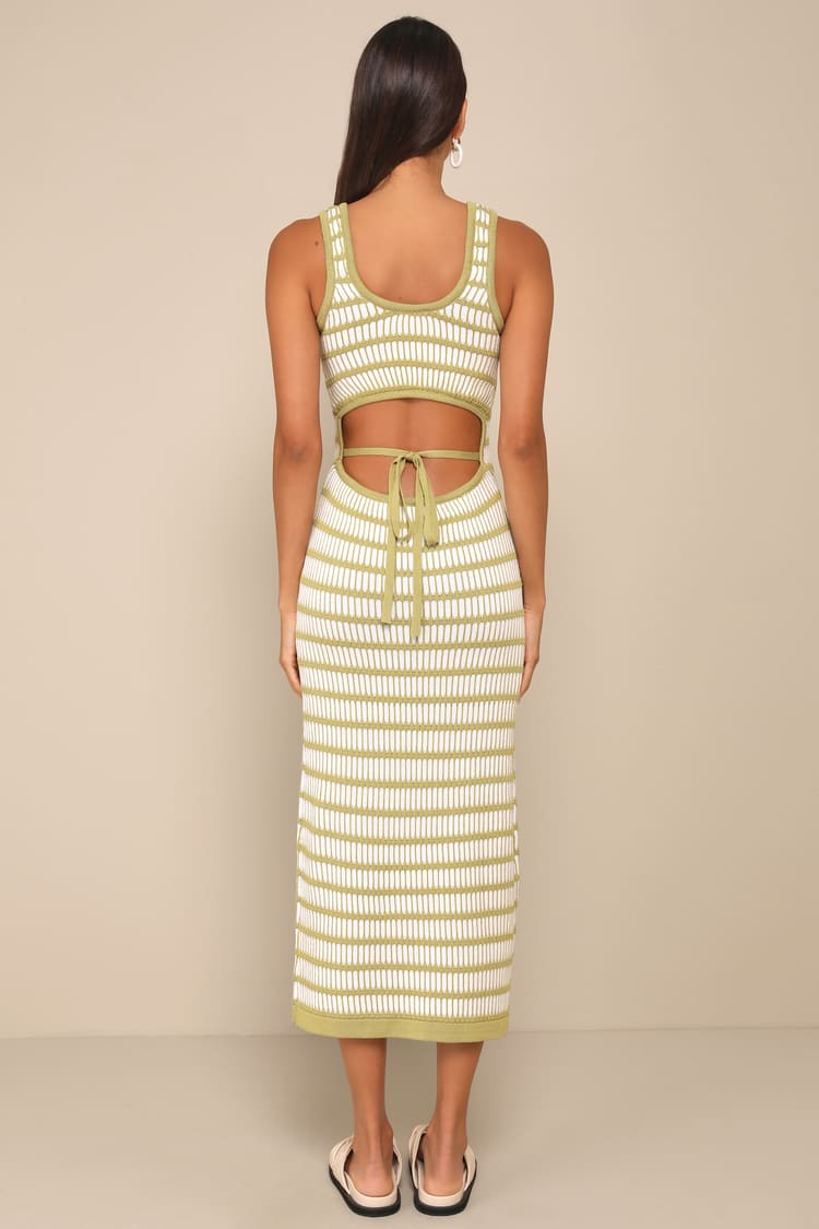 Curated Choice Green and Ivory Striped Cutout Knit Midi Dress
