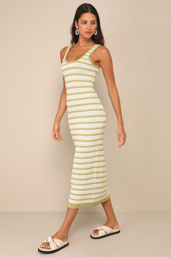 Lulus Curated Choice Green And Ivory Striped Cutout Knit Midi Dress In Green And Ivory