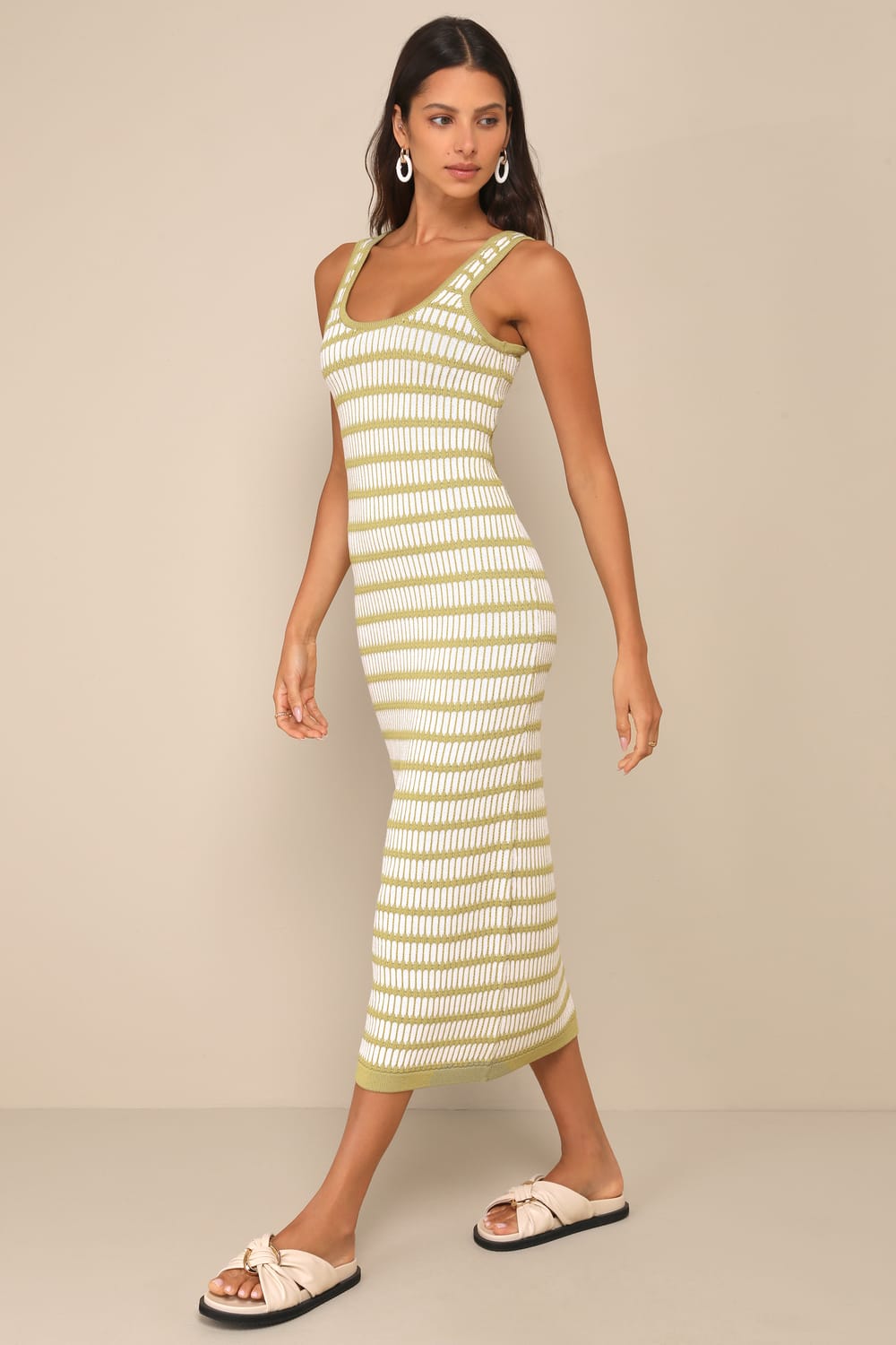 Curated Choice Green and Ivory Striped Cutout Knit Midi Dress