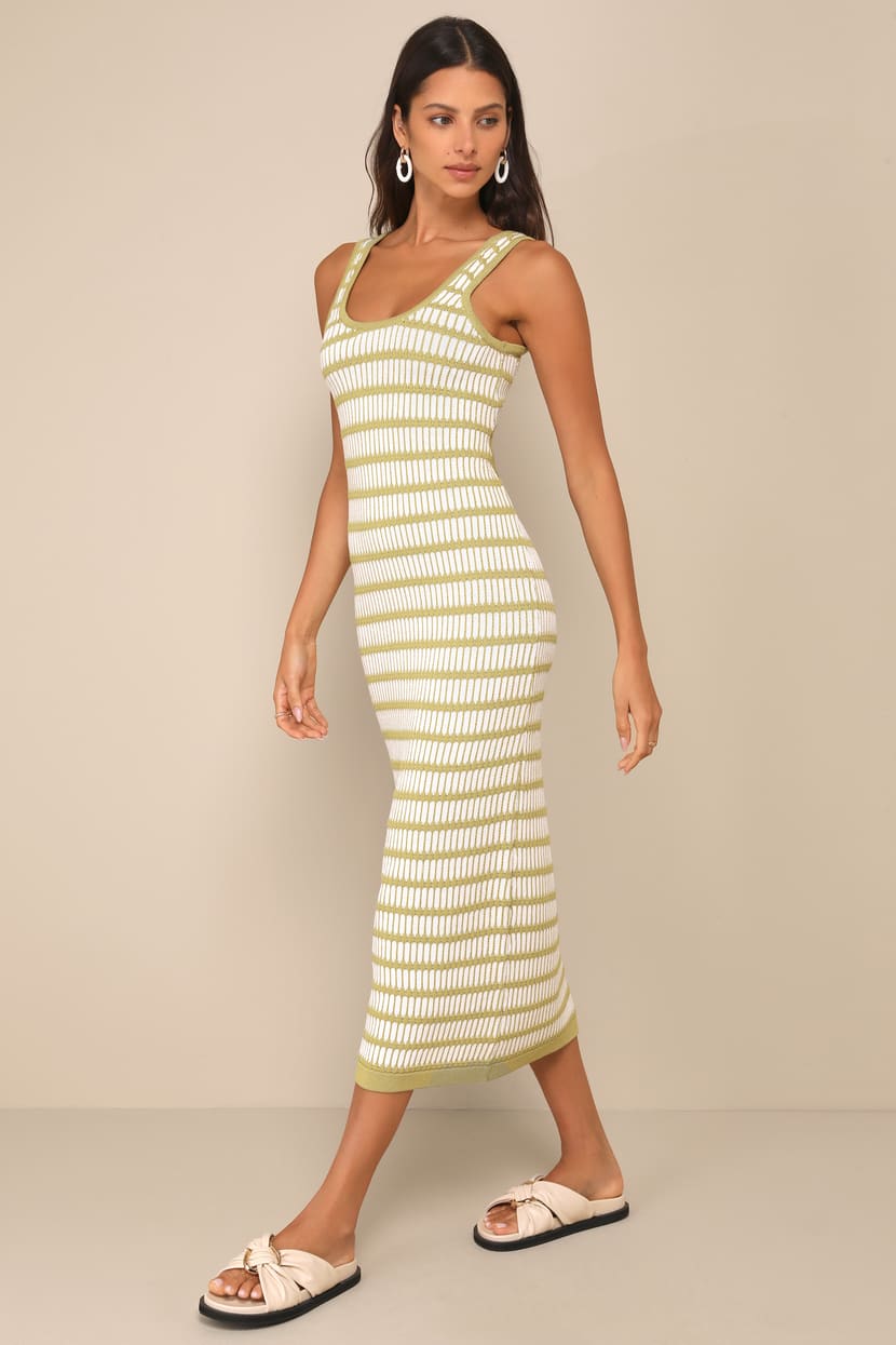 Green and Ivory Dress - Striped Dress - Cutout Knit Midi Dress - Lulus Green and Ivory Dress - Striped Dress - Cutout Knit Midi Dress - Lulus