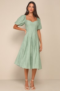 Heavenly Energy Sage Textured Puff Sleeve Pleated Midi Dress 1