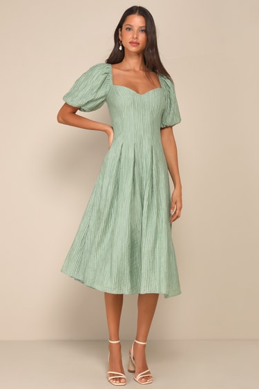 Sage Textured Dress Puff Sleeve Midi Dress Pleated Dress Lulus