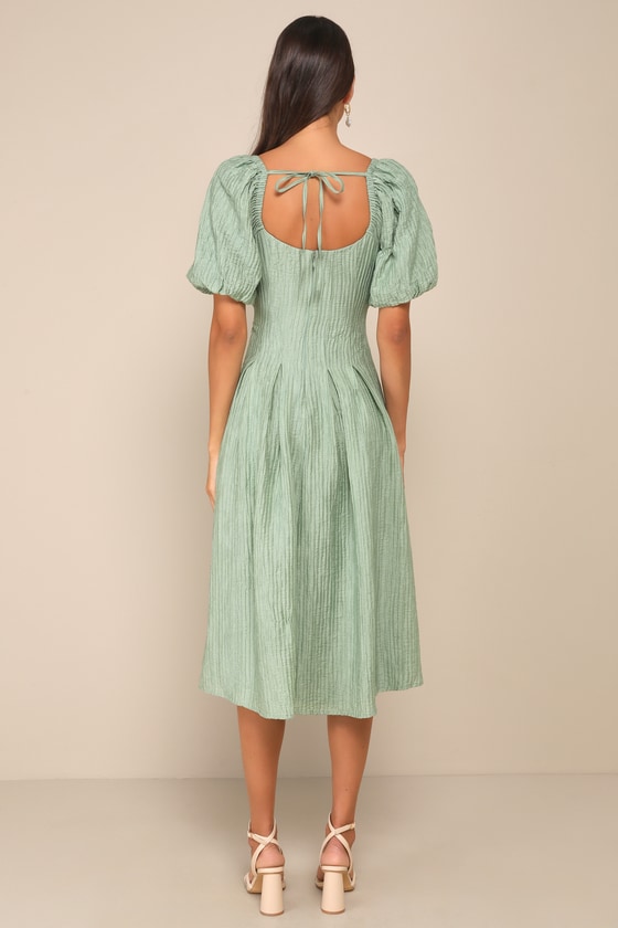 Lulus Heavenly Energy Sage Textured Puff Sleeve Pleated Midi Dress In Green