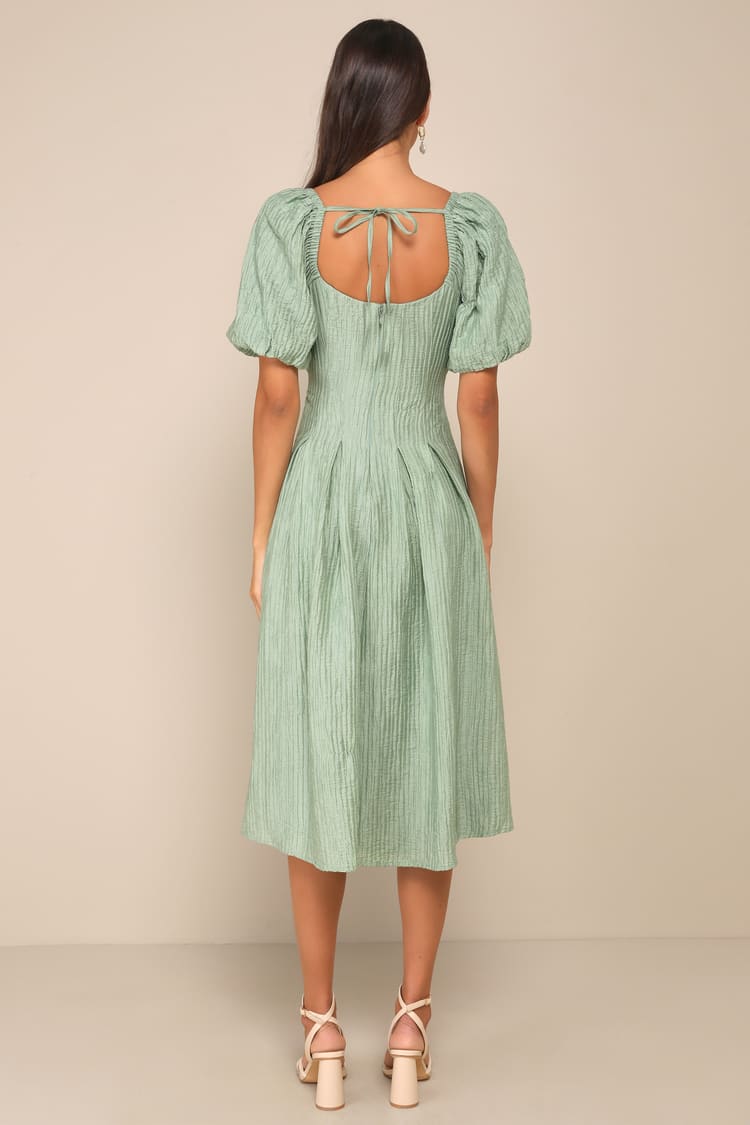 Heavenly Energy Sage Textured Puff Sleeve Pleated Midi Dress