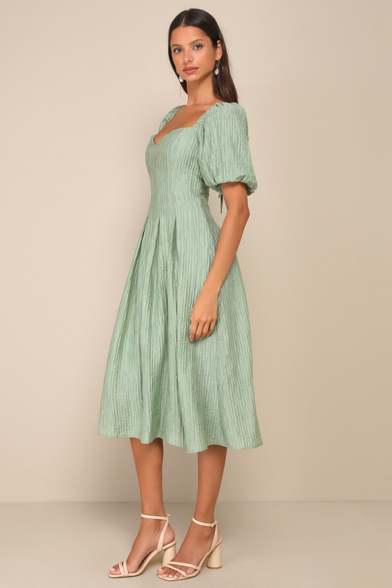 Lulus Heavenly Energy Sage Textured Puff Sleeve Pleated Midi Dress In Green