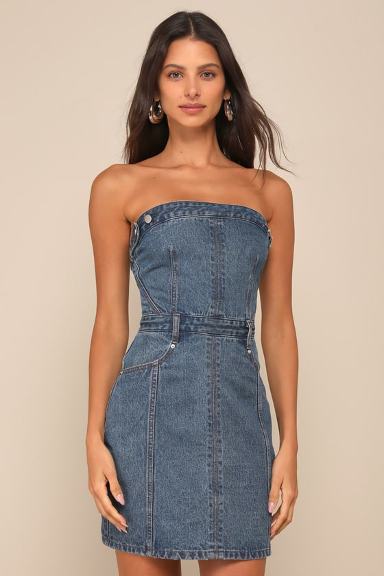 Iconic Spirit Medium Wash Denim Strapless Mini Dress 2