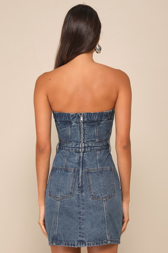 Medium Wash Denim Dress - Strapless Mini Dress - Denim Mini Dress - Lulus