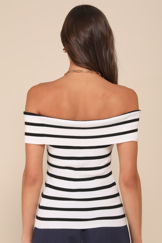 Lulus Easily Endearing Ivory Striped Ribbed Knit Off-the-shoulder Top In Ivory