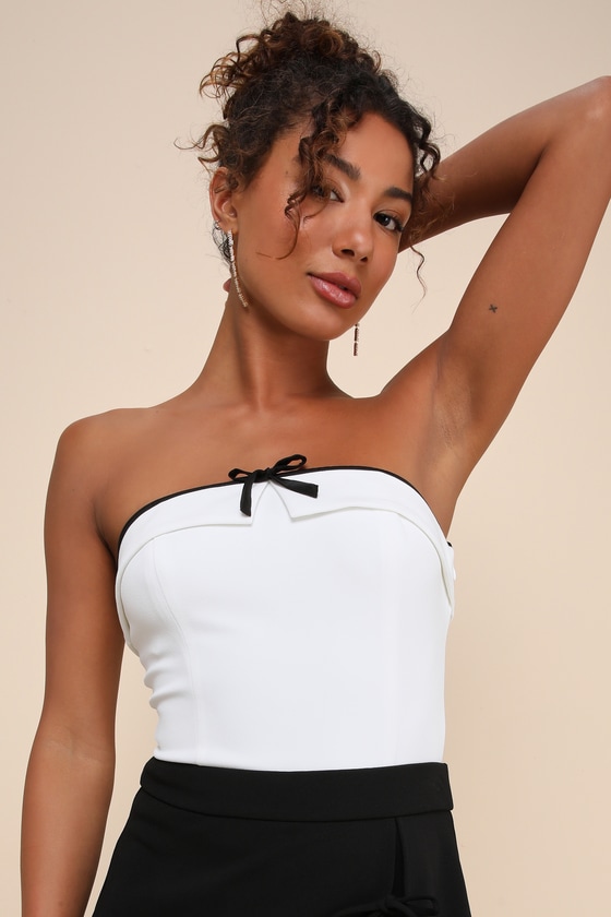Harmonious Style White Strapless Bow Bodysuit 1