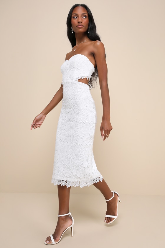 Lulus Impressive Elegance White Crochet Lace Strapless Midi Dress In White