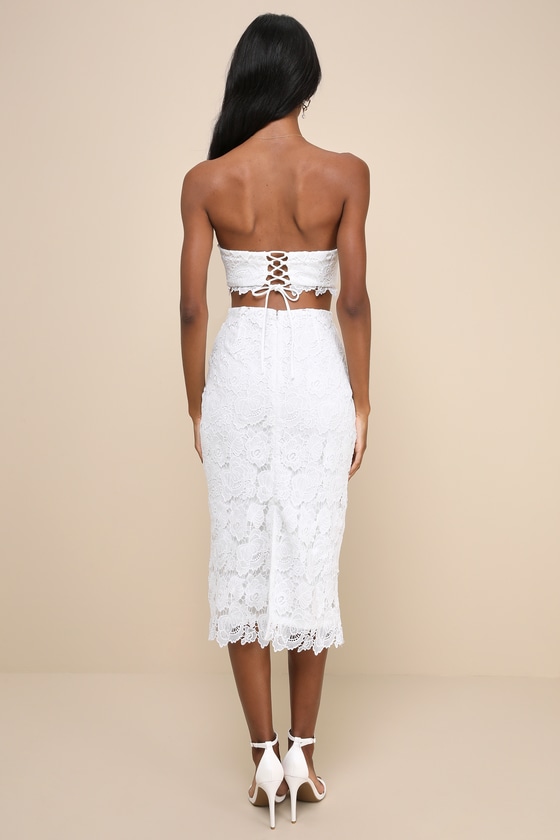 Lulus Impressive Elegance White Crochet Lace Strapless Midi Dress In White