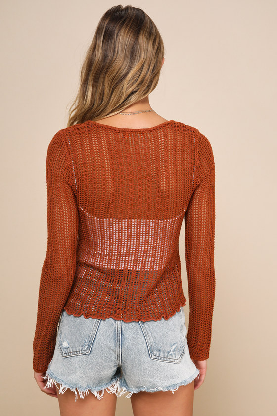 Lulus Weekend Layers Rust Brown Loose Crochet Knit Sweater Top In Rust Brown