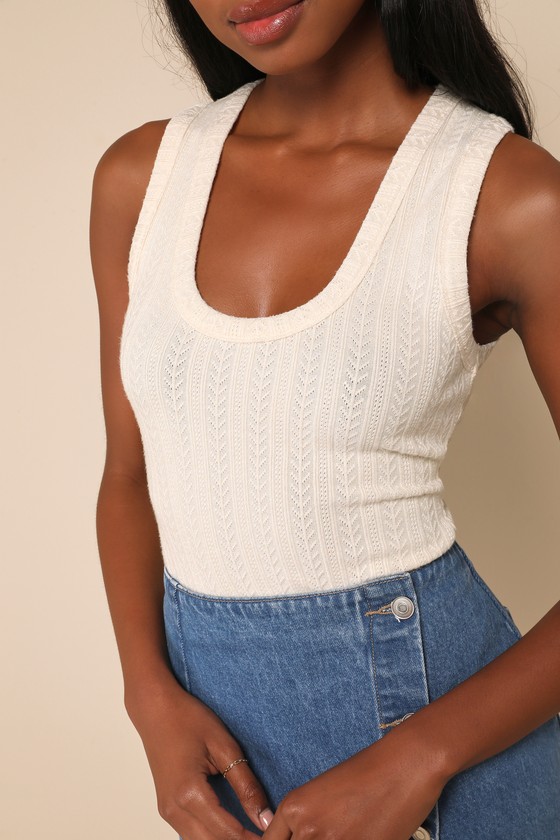Lulus Conveniently Cute Cream Pointelle Knit Scoop Neck Tank Top In White