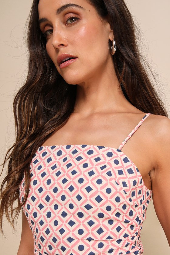 Lulus Charming Desire Pink Geo Print Ruched Sleeveless Mini Dress In Pink