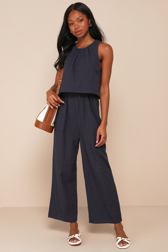 Breezy Sophistication Navy Blue Textured Wide Leg Jumpsuit 1
