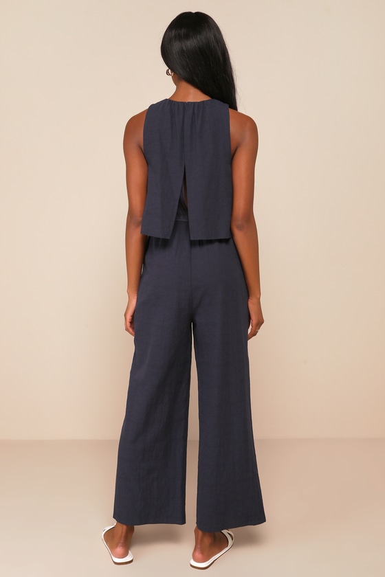 Breezy Sophistication Navy Blue Textured Wide Leg Jumpsuit 2