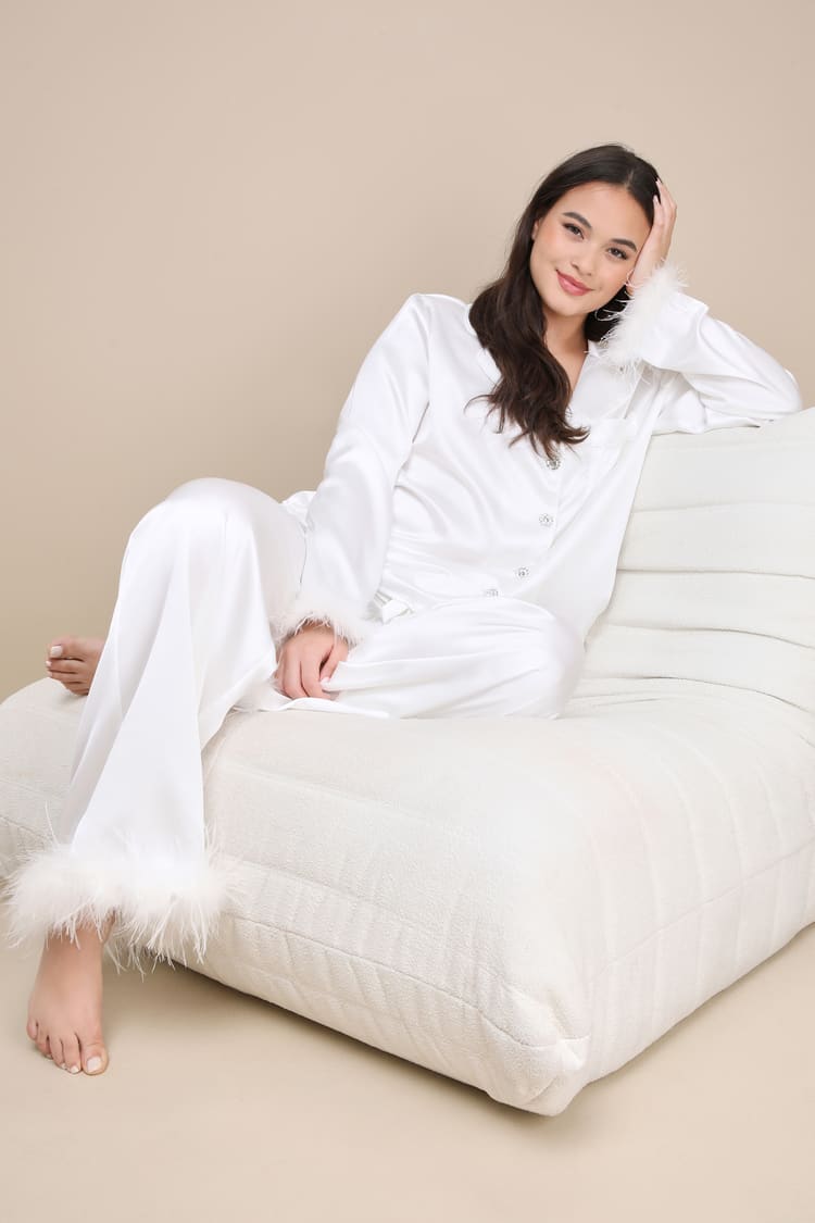 Dreamiest Delight White Satin Feather Two-Piece Pajama Set
