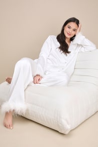 Dreamiest Delight White Satin Feather Two-Piece Pajama Set 10