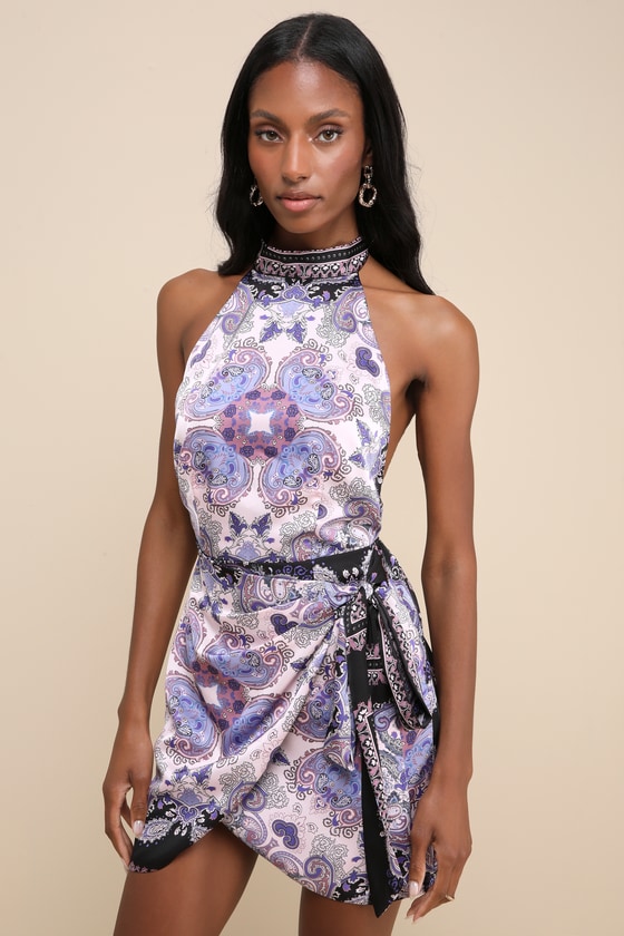 Lilac Scarf Print Dress - Backless Faux-Wrap Dress - Halter Dress - Lulus