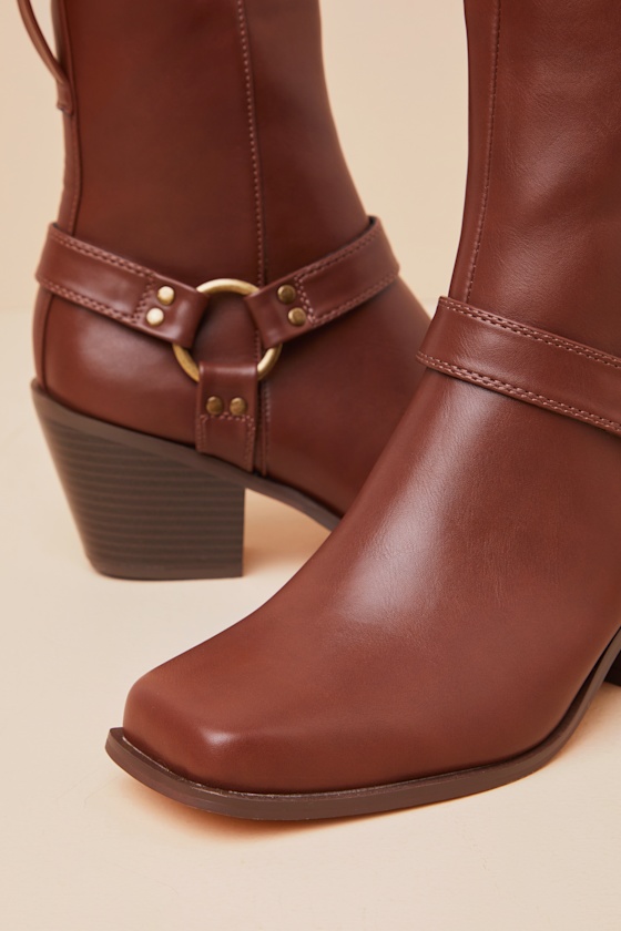 Lulus Sammson Cognac Mid-calf Moto Boots In Brown