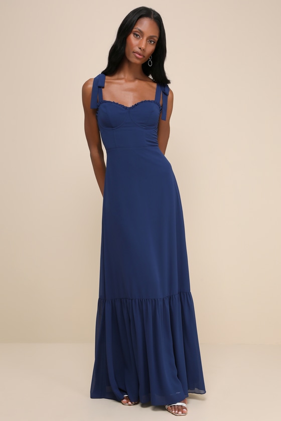 Truly Gorgeous Dark Blue Ruffled Bustier Tie-Strap Maxi Dress 1