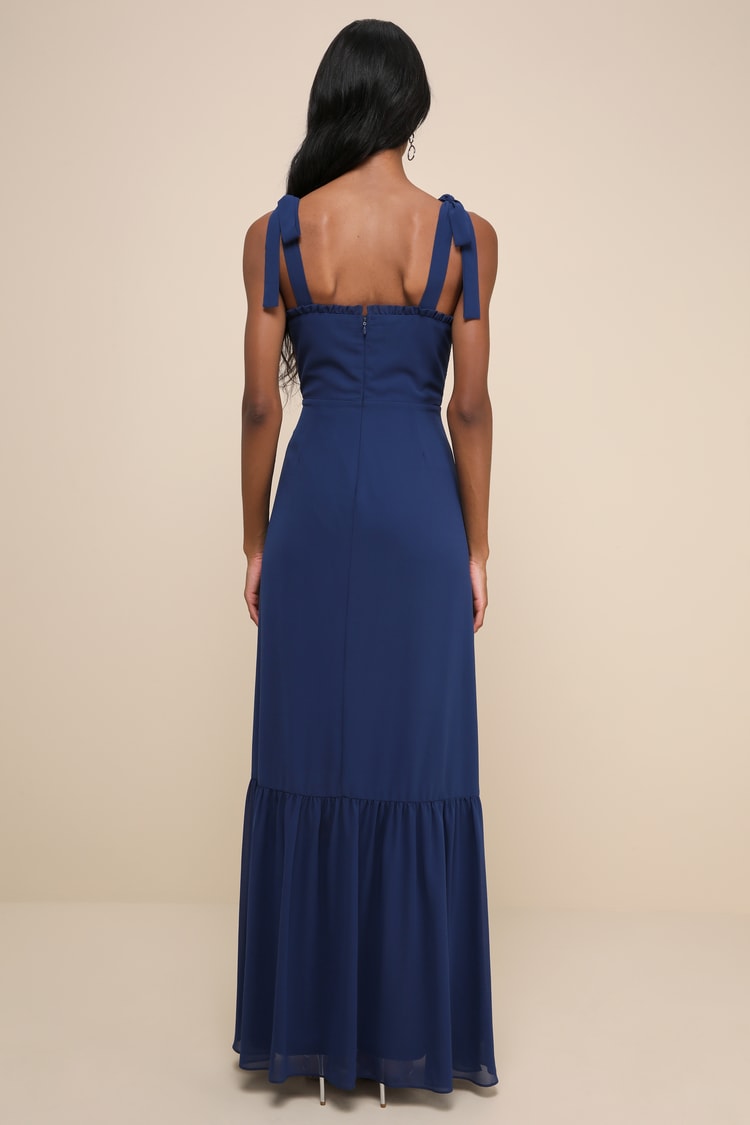 Truly Gorgeous Dark Blue Ruffled Bustier Tie-Strap Maxi Dress