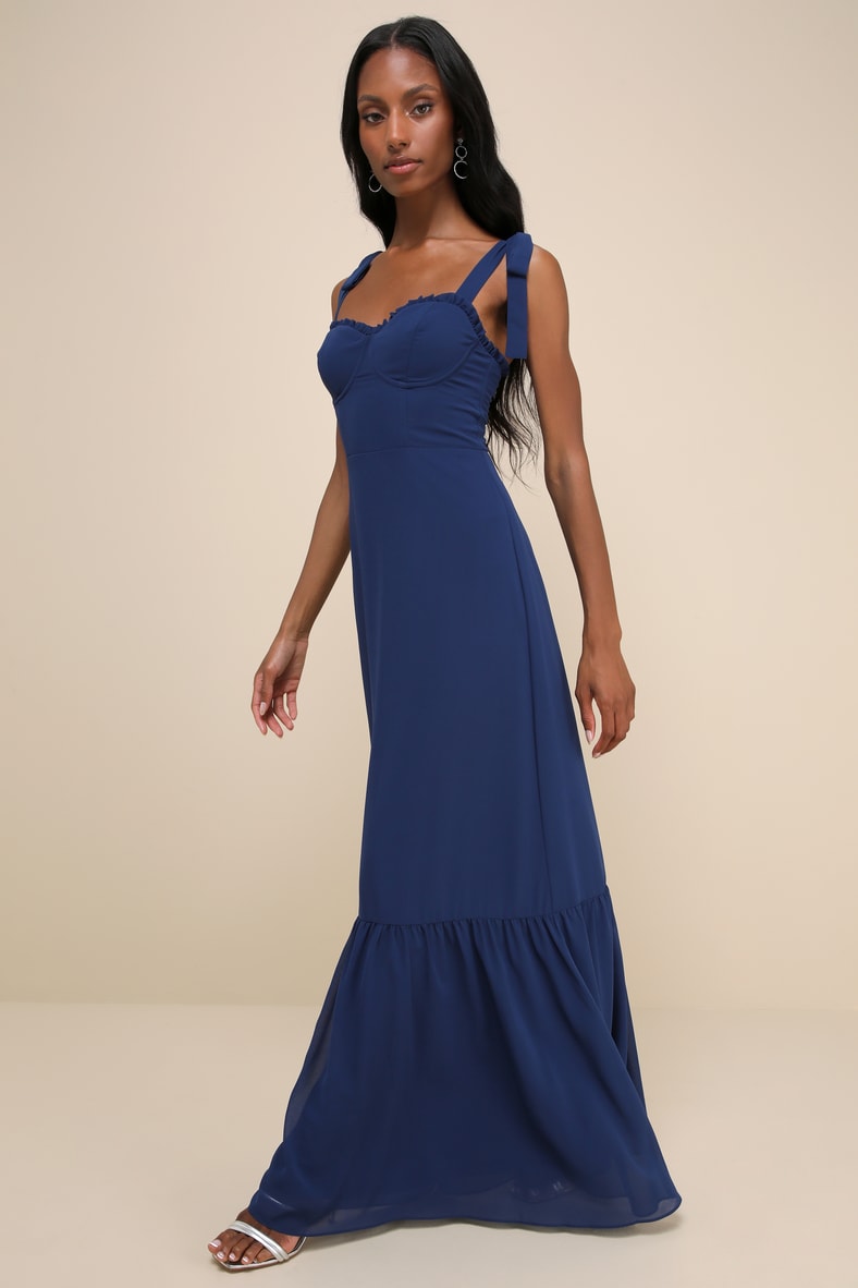 Truly Gorgeous Dark Blue Ruffled Bustier Tie-Strap Maxi Dress