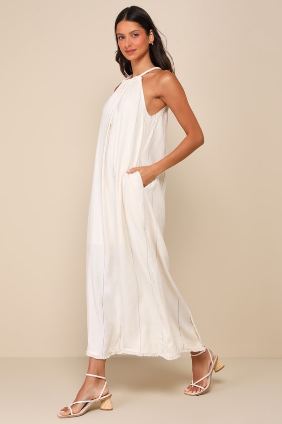 Ainsley Beige Pinstriped Linen Halter Maxi Dress with Pockets 3