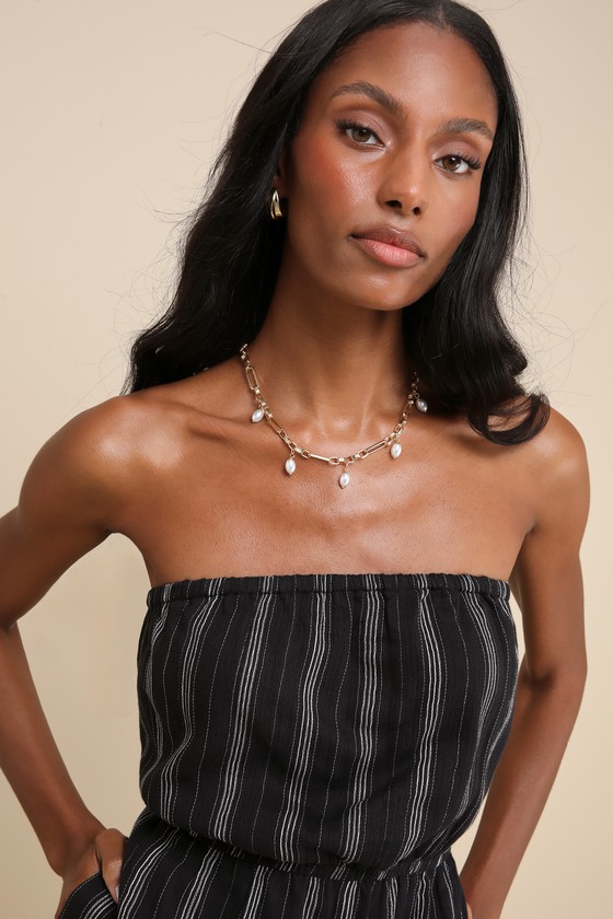 Black Striped Romper - Gauzy Romper - Black Strapless Romper - Lulus