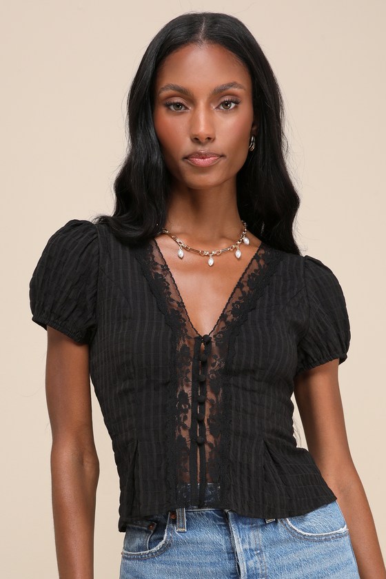 Lace Puff Sleeve Top Black - ROTATE Birger Christensen