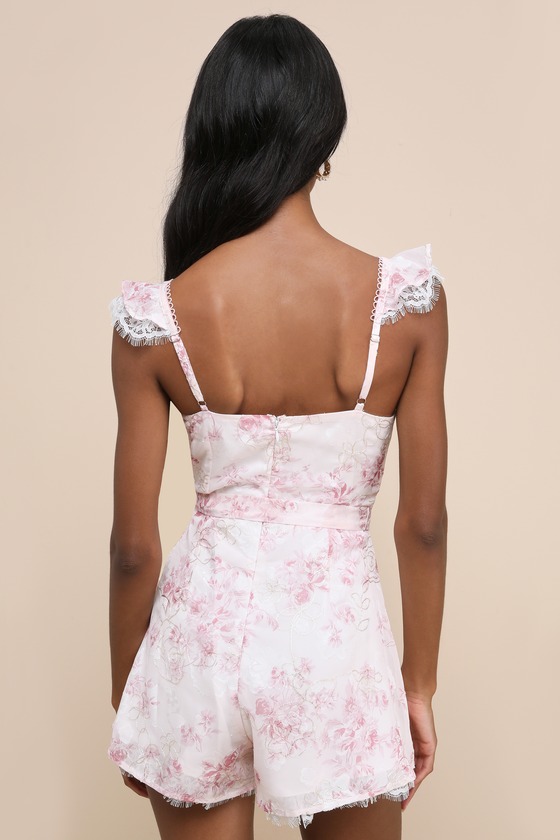 Lulus Adorable Whimsy Ivory And Blush Floral Lace Bustier Romper In Ivory