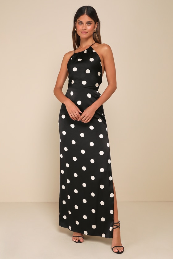 Lulus Chic Affection Black Polka Dot Satin Asymmetrical Maxi Dress In Black