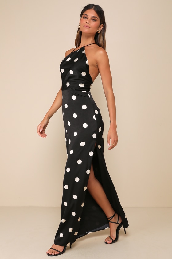 Lulus Chic Affection Black Polka Dot Satin Asymmetrical Maxi Dress In Black