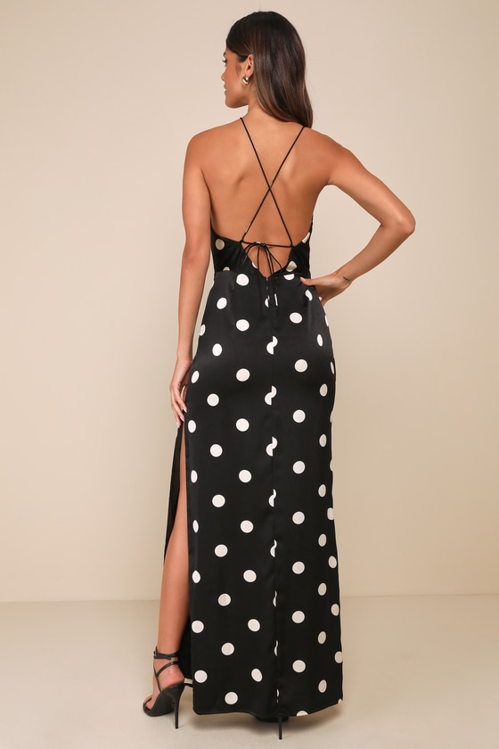 Lulus Chic Affection Black Polka Dot Satin Asymmetrical Maxi Dress In Black